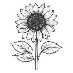 Hand Drawn Black And White Illustration Of A Sunflower With Leaves