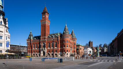 Naklejka premium The Town hall is the main landmark of Helsingborg, Sweden. The historical Town Hall was built in neo-Gothic style in 1897.