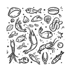 Hand Drawn Black And White Illustration Of Various Sea Creatures And Objects