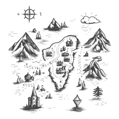 Hand Drawn Black And White Sketch Of A Fantasy Island Map Design