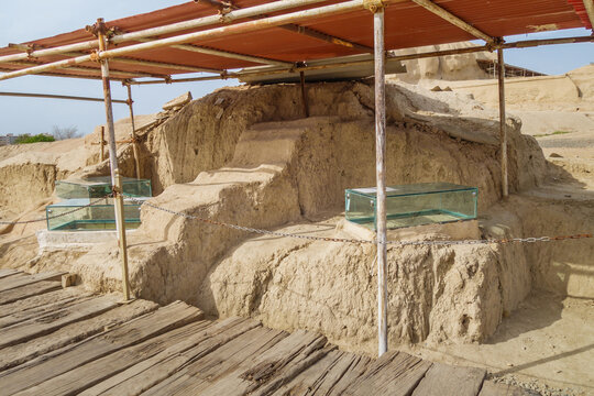 Excavations at Sialk Hill in Kashan, Iran. Part of ziggurat is visible behind the roof. The buildings date back to the 30th century BC. Local name of the site: Tepe Sialk