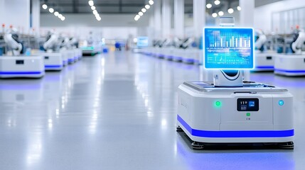 Fototapeta premium Autonomous robots operating seamlessly alongside a real time holographic display of critical production metrics on a high tech smart factory floor