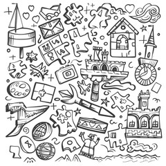 Hand Drawn Doodle Illustration Featuring A Variety Of Objects And Shapes