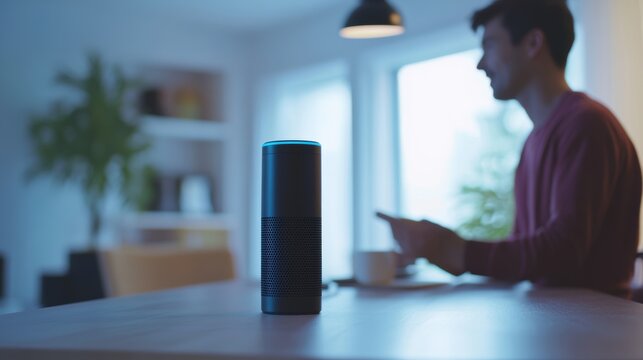 Rare illness patient using a voice-activated assistant to manage daily tasks. Featuring technology and independence