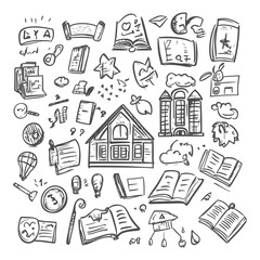 Hand Drawn Doodle Illustration Of Various Objects Related To Reading And Learning
