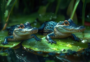 Fototapeta premium Two Small Alligators Resting on Lily Pads in a Lush Wetland Environment Surrounded by Greenery and Soft Water Reflections During a Peaceful Day