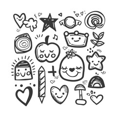 Hand Drawn Doodle Set Of Cute And Whimsical Characters Objects And Symbols