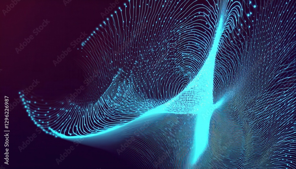 Poster futuristic glowing data wave with fluid motion, neon blue digital mesh with dynamic flow, abstract technology visualization

