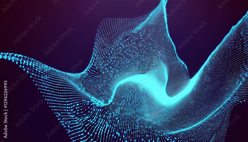 Poster futuristic glowing data wave with fluid motion, neon blue digital mesh with dynamic flow, abstract t