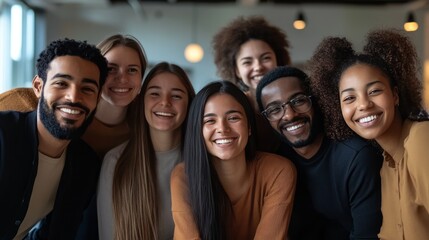 Multiethnic team posing for a photo with smiles in a dynamic workplace setting	

