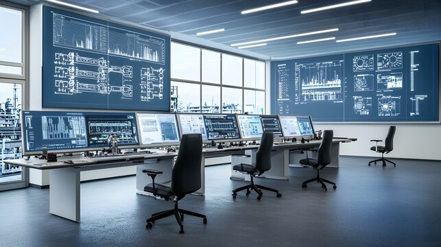Futuristic smart factory control room with large holographic displays showing live diagnostics and real time analytics for efficient industrial automation and production management
