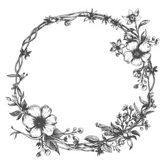 Hand Drawn Floral Wreath With Delicate Flowers And Vines