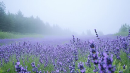 Obraz premium A field of lavender barely visible through morning fog, its soft purple hues blending into the hazy air.