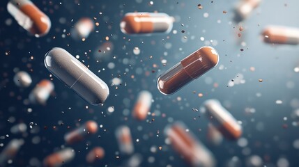 Colorful Capsules Floating in Dynamic Motion Against Dark Background