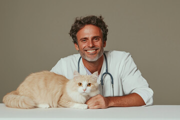 Friendly Veterinarian with Cat: A smiling veterinarian with a warm and friendly demeanor sits with a calm, fluffy cat, creating a comforting and trustworthy image for animal care. 