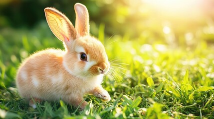 Fototapeta premium A fluffy rabbit hopping through the grass, with soft fur and long, floppy ears.