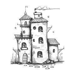 Obraz premium Hand Drawn Illustration Of A Charming Old Stone Tower House With Smoke Coming From The Chimney