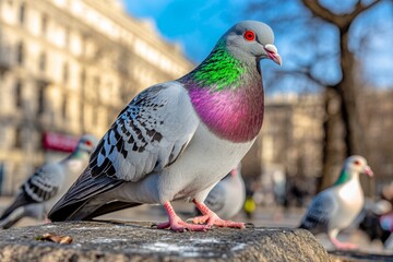 A group of pigeons in the city, some with green head feathers and red eyes, standing on the ground looking around for food. The background is blurred, and there is sunlight shining down on them.