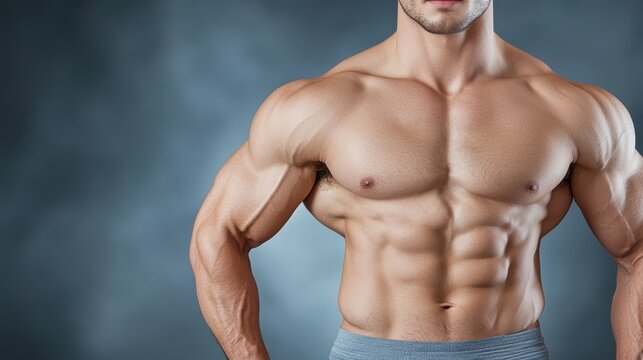 Muscular athletic male figure in activewear displaying a chiseled sculpted physique and toned fit body  The image represents health fitness strength and physical achievement