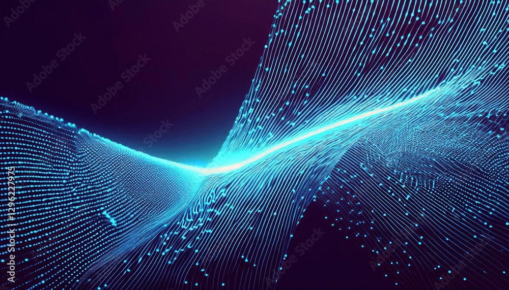 Poster futuristic glowing data wave with fluid motion, neon blue digital mesh with dynamic flow, abstract t