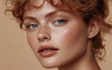 Beautiful woman with flawless skin, against a beige background. Beauty portrait of a young, beautiful model close up on her face and shoulders. 