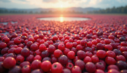 Fototapeta premium Cranberry harvest on water, feeling bountiful, at sunset