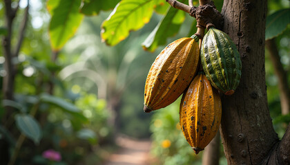 Cocoa tree with cocoa pods, feeling tropical, in a lush forest setting