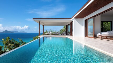 Luxurious tropical villa with a cantilevered infinity pool offering breathtaking views of the shimmering ocean  The modern architectural design seamlessly blends with the lush natural surroundings
