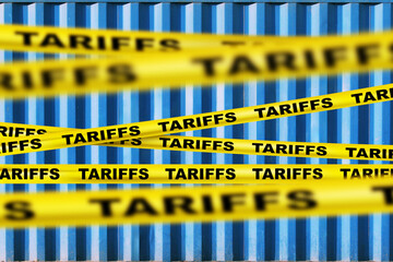 Economic Tariffs Concept. America tariffs on EU. Crisis, Trade and economic war. Yellow tape...
