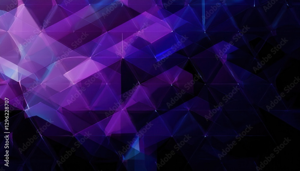 Poster geometric abstract digital artwork with purple and blue triangular low poly pattern, futuristic crys
