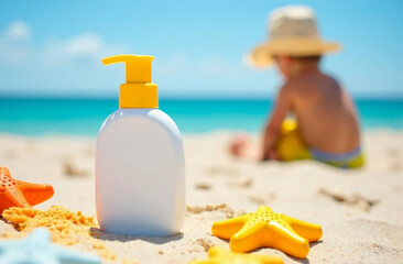 A white unlabelled bottle of children's sunscreen  sits on a beach towel. In the background, a toddler in bright shorts and a sun hat is playing in the sand. Sun protection and skin cancer prevention