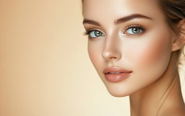 Naklejka premium Beautiful woman with flawless skin, against a beige background. Beauty portrait of a young, beautiful model close up on her face and shoulders. 