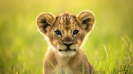 A lion cub exploring its surroundings, with its bright eyes and fluffy mane standing out against the green grass.