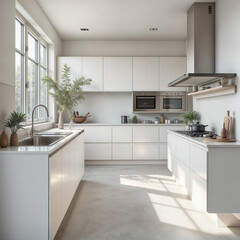 Sunlit modern white kitchen with elegant design.