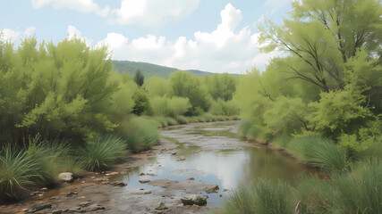 a picture of a mountain with trees on it's side and a sky background with a few clouds, Eric de Kolb, photorealism, airbrush on canvas, a photorealistic painting