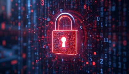 Abstract 3D digital lock with floating holographic particles and cybersecurity encryption for antivirus protection