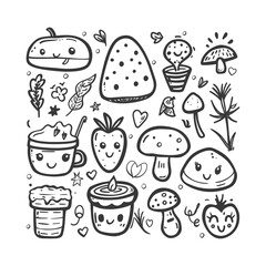 Hand Drawn Illustration Of Cute Smiling Mushrooms Fruit And Other Objects