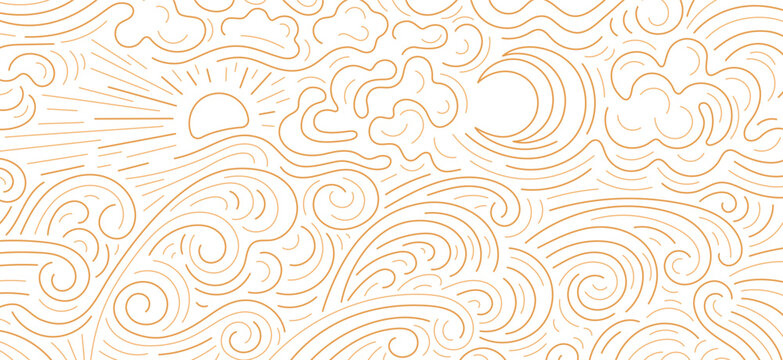 Sun, moon, cloud line pattern. Deep sea, art wave