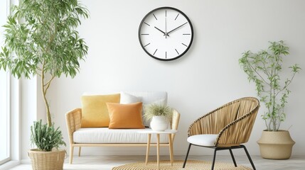 Modern Minimalist Living Room Interior Design with Rattan Furniture, Plants, and a Wall Clock