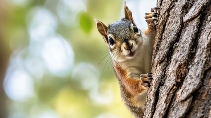 A playful squirrel scurrying up a tree trunk, with its tiny paws gripping the bark.