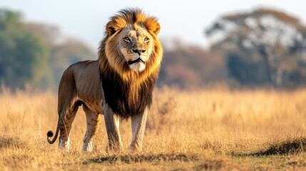 A powerful lion standing tall in the savannah, its eyes fiercely gazing into the distance, ready to defend its territory.