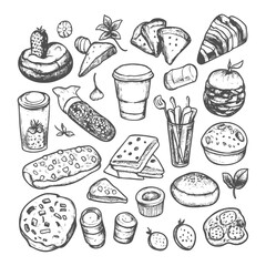 Hand Drawn Illustration Of Various Food And Drink Items