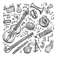Fototapeta premium Hand Drawn Illustration Of Various Musical Instruments And Notes