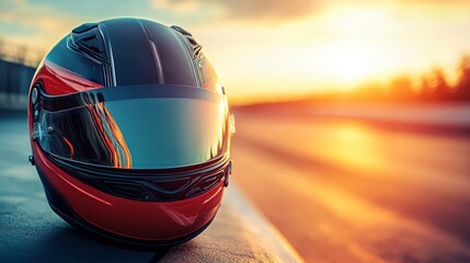 Helmet Reflecting Sunset in Soft Pit Lane Lighting