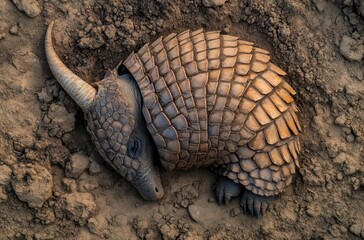 Fototapeta premium Unique armored creature with textured shell resting on earthy ground in a natural habitat, showcasing incredible details of wildlife and earth tones