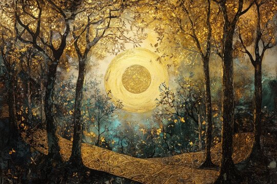 Golden moonlight bathes a mystical forest in rich hues during a tranquil evening