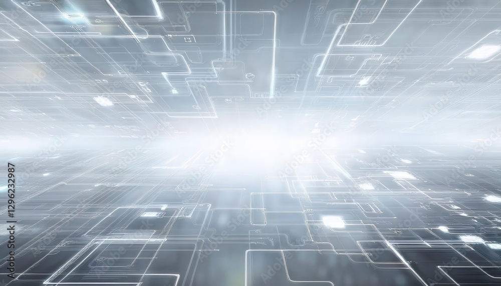 Poster futuristic digital network perspective with glowing circuit lines and abstract geometric grid, perfect for technology themes

