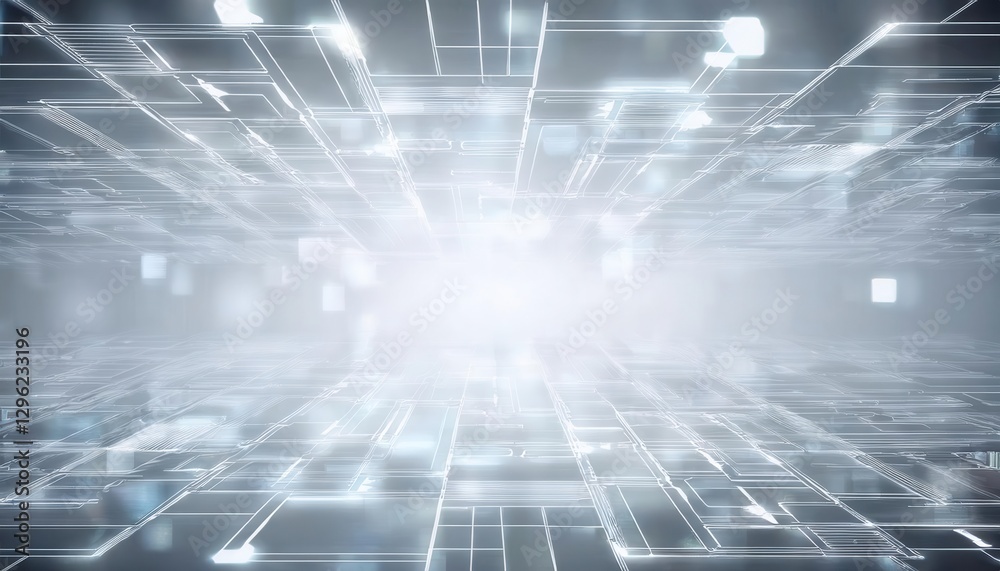 Poster futuristic digital network perspective with glowing circuit lines and abstract geometric grid, perfect for technology themes

