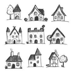 Obraz premium Hand Drawn Sketches Of Various Houses With Trees