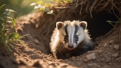 Naklejka premium A curious badger emerges from its den, its black and white fur illuminated by the gentle sunlight. The image captures the essence of wildlife in its natural environment